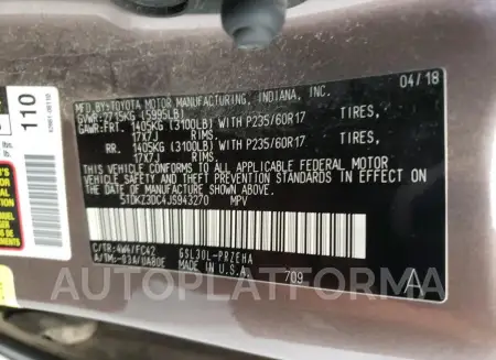 TOYOTA SIENNA LE 2018 vin 5TDKZ3DC4JS943270 from auto auction Copart