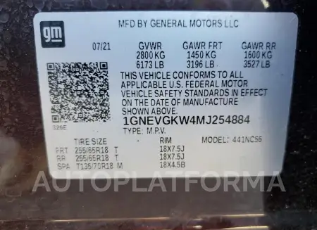 CHEVROLET TRAVERSE L 2021 vin 1GNEVGKW4MJ254884 from auto auction Copart