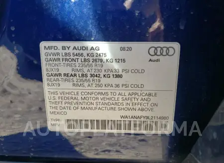 AUDI Q5 PREMIUM 2020 vin WA1ANAFY9L2114980 from auto auction Copart