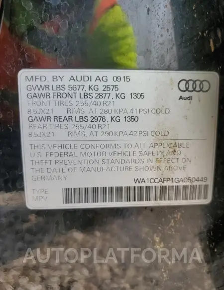 AUDI SQ5 PREMIU 2016 vin WA1CCAFP1GA050449 from auto auction Copart