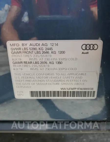 AUDI Q5 PREMIUM 2015 vin WA1LFAFP1FA086938 from auto auction Copart