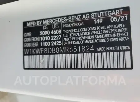 MERCEDES-BENZ C 300 2021 vin W1KWF8DB8MR651824 from auto auction Copart