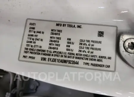 TESLA MODEL 3 2021 vin 5YJ3E1EA0MF923544 from auto auction Copart