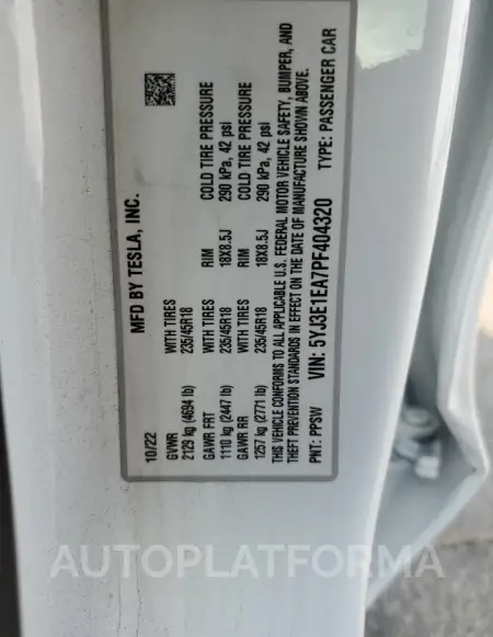 TESLA MODEL 3 2023 vin 5YJ3E1EA7PF404320 from auto auction Copart