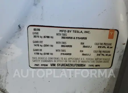 TESLA MODEL X 2020 vin 5YJXCAE2XLF260854 from auto auction Copart