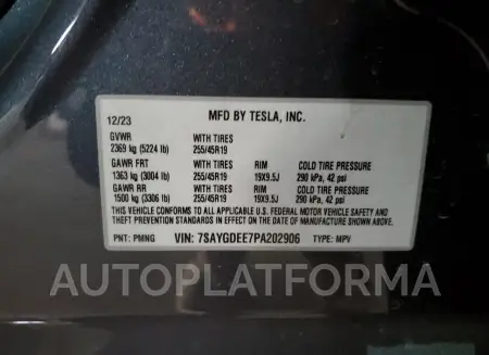 TESLA MODEL Y 2023 vin 7SAYGDEE7PA202906 from auto auction Copart