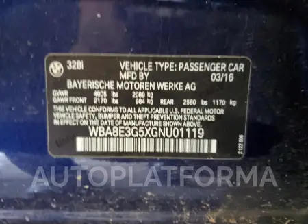 BMW 328 XI SUL 2016 vin WBA8E3G5XGNU01119 from auto auction Copart