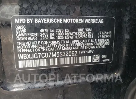 BMW X1 SDRIVE2 2021 vin WBXJG7C07M5S32062 from auto auction Copart