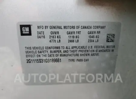 CHEVROLET IMPALA LT 2016 vin 2G1115S31G9189661 from auto auction Copart