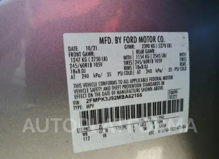 FORD EDGE SEL 2021 vin 2FMPK3J92MBA62166 from auto auction Copart