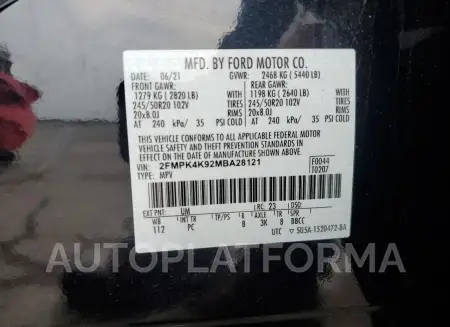 FORD EDGE TITAN 2021 vin 2FMPK4K92MBA28121 from auto auction Copart