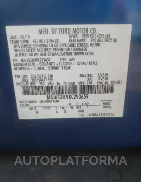 FORD ECOSPORT S 2019 vin MAJ6S3JL9KC293659 from auto auction Copart