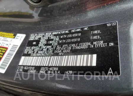 TOYOTA HIGHLANDER 2022 vin 5TDBZRBH2NS256327 from auto auction Copart