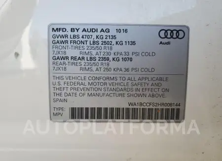 AUDI Q3 PREMIUM 2017 vin WA1BCCFS2HR008144 from auto auction Copart