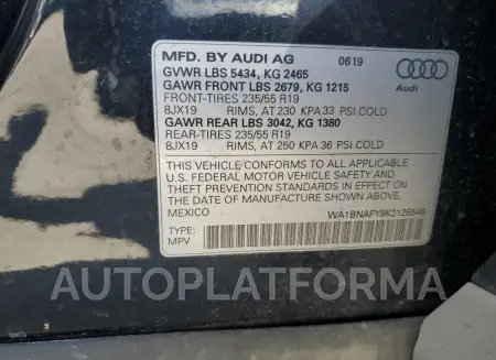 AUDI Q5 PREMIUM 2019 vin WA1BNAFY9K2126548 from auto auction Copart