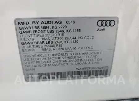 AUDI Q3 PREMIUM 2016 vin WA1EFCFS9GR025025 from auto auction Copart