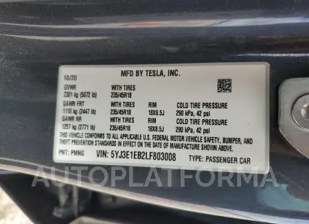 TESLA MODEL 3 2020 vin 5YJ3E1EB2LF803008 from auto auction Copart