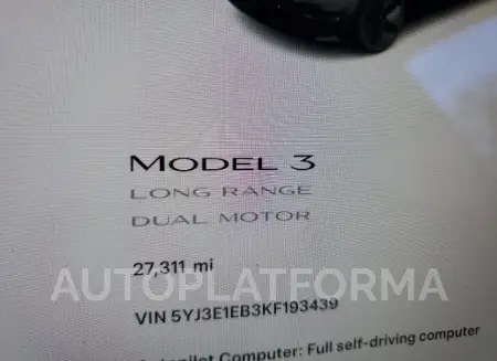 TESLA MODEL 3 2019 vin 5YJ3E1EB3KF193439 from auto auction Copart