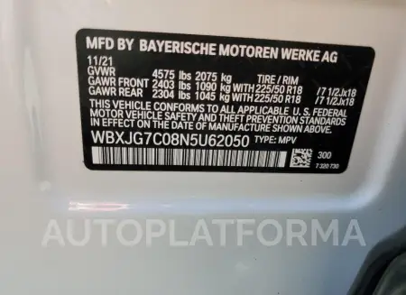 BMW X1 SDRIVE2 2022 vin WBXJG7C08N5U62050 from auto auction Copart