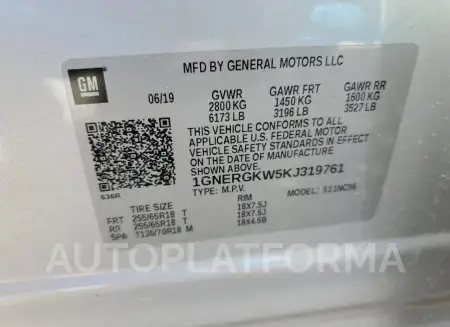 CHEVROLET TRAVERSE L 2019 vin 1GNERGKW5KJ319761 from auto auction Copart