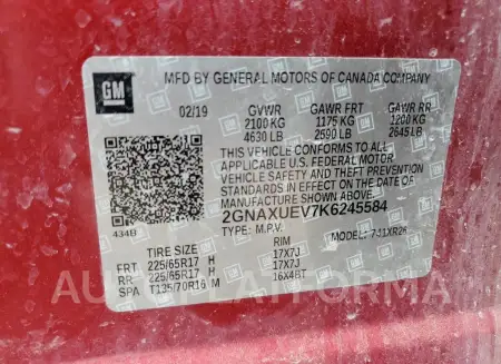 CHEVROLET EQUINOX LT 2019 vin 2GNAXUEV7K6245584 from auto auction Copart