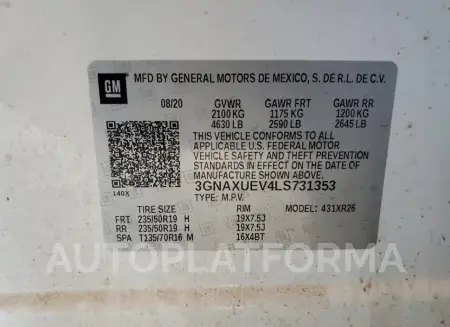 CHEVROLET EQUINOX LT 2020 vin 3GNAXUEV4LS731353 from auto auction Copart