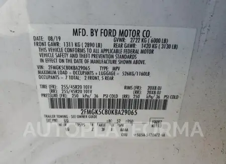 FORD FLEX SEL 2019 vin 2FMGK5C80KBA29065 from auto auction Copart