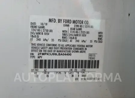 FORD EDGE SEL 2020 vin 2FMPK3J99LBA04490 from auto auction Copart