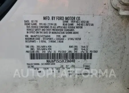 FORD ECOSPORT S 2018 vin MAJ6P1SL5JC236040 from auto auction Copart