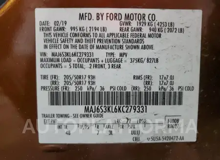 FORD ECOSPORT T 2019 vin MAJ6S3KL6KC279331 from auto auction Copart