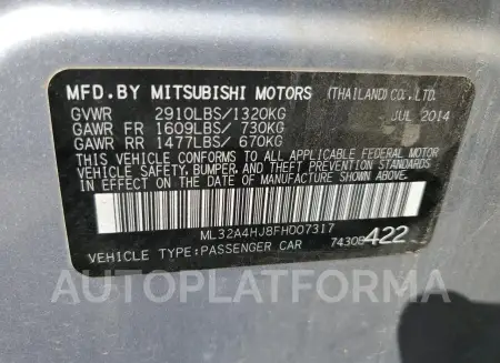 MITSUBISHI MIRAGE ES 2015 vin ML32A4HJ8FH007317 from auto auction Copart