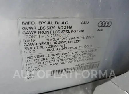 AUDI Q5 PREMIUM 2022 vin WA1BBAFY0N2084235 from auto auction Copart