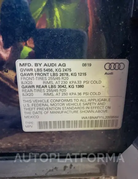 AUDI Q5 PREMIUM 2020 vin WA1BNAFY1L2009564 from auto auction Copart