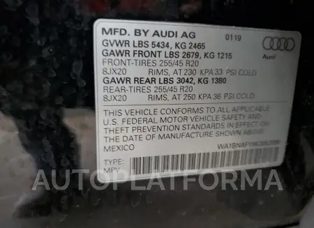 AUDI Q5 PREMIUM 2019 vin WA1BNAFY8K2052099 from auto auction Copart