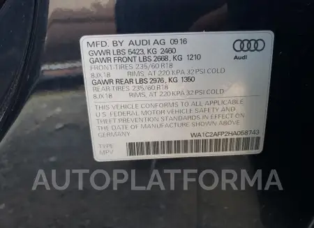 AUDI Q5 PREMIUM 2017 vin WA1C2AFP2HA058743 from auto auction Copart