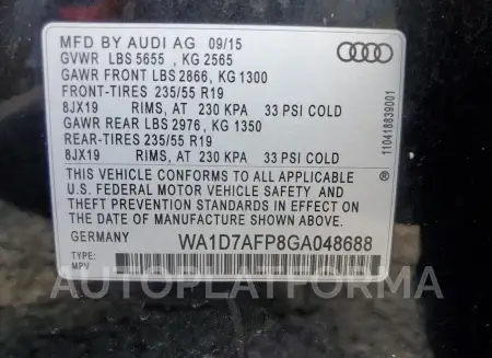 AUDI Q5 PREMIUM 2016 vin WA1D7AFP8GA048688 from auto auction Copart