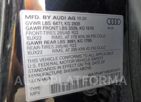 AUDI Q8 PRESTIG 2021 vin WA1FVAF13MD012427 from auto auction Copart