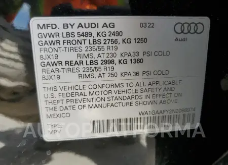 AUDI Q5 PREMIUM 2022 vin WA1GAAFY2N2088974 from auto auction Copart