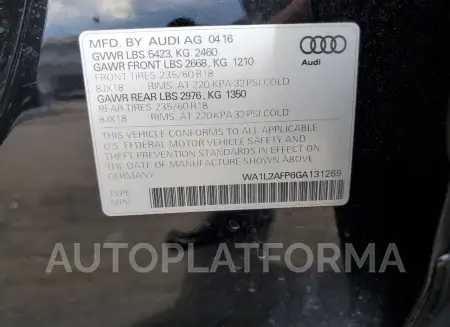 AUDI Q5 PREMIUM 2016 vin WA1L2AFP6GA131269 from auto auction Copart