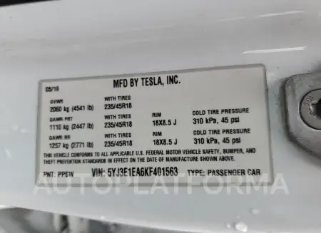 TESLA MODEL 3 2019 vin 5YJ3E1EA6KF401563 from auto auction Copart