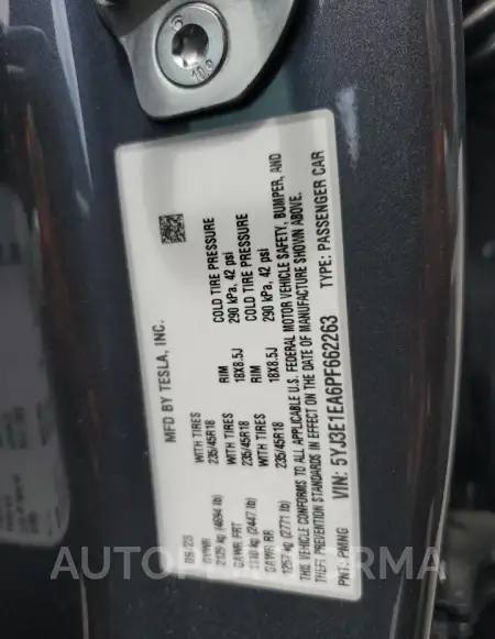 TESLA MODEL 3 2023 vin 5YJ3E1EA6PF662263 from auto auction Copart