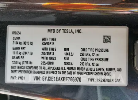 TESLA MODEL 3 2024 vin 5YJ3E1EAXRF766970 from auto auction Copart