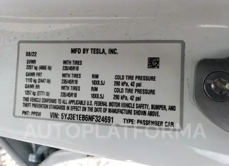 TESLA MODEL 3 2022 vin 5YJ3E1EB6NF324691 from auto auction Copart