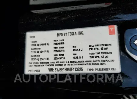 TESLA MODEL 3 2018 vin 5YJ3E1EB9JF113625 from auto auction Copart