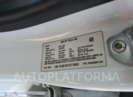 TESLA MODEL 3 2020 vin 5YJ3E1EC1LF715043 from auto auction Copart