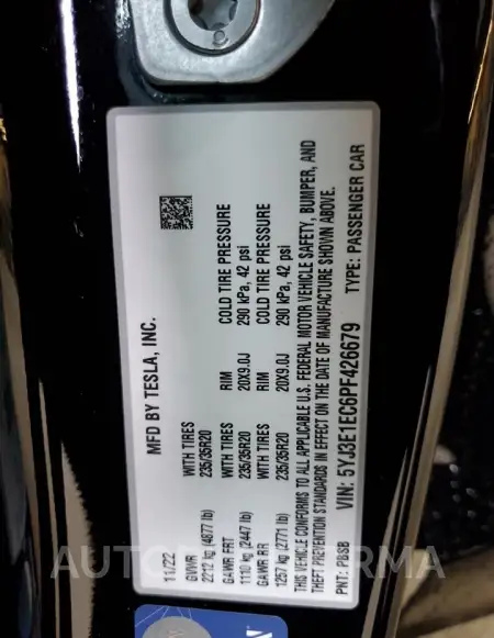 TESLA MODEL 3 2023 vin 5YJ3E1EC6PF426679 from auto auction Copart