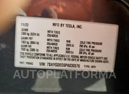 TESLA MODEL Y 2023 vin 7SAYGDEE6PA030576 from auto auction Copart