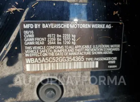 BMW 528 I 2016 vin WBA5A5C52GG354365 from auto auction Copart