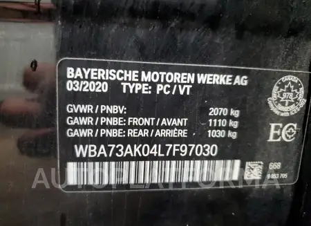 BMW 228XI 2020 vin WBA73AK04L7F97030 from auto auction Copart