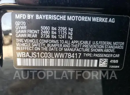 BMW 540 I 2020 vin WBAJS1C03LWW78417 from auto auction Copart